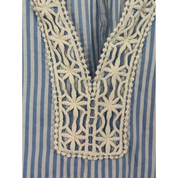 Zara Basic Womens Striped Tie-Front Top S Blue White Embroidered V-Neck Cotton B - Picture 2 of 5